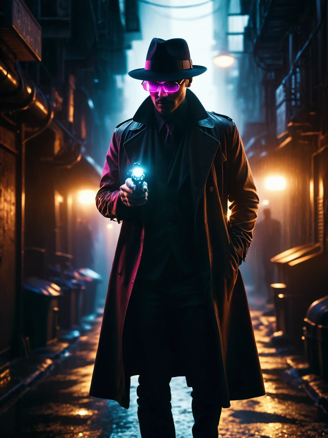 man walking down a dark alley, rain, (glowing glasses, fedora, gun:1.3), steam, garbage<lora:Neon_Noir_SDXL:0.8> mad-neon-noir, masterpiece, best quality, ultra high res, (photorealistic, realistic:1.2), deep shadow, raw photo, film grain, Fujifilm XT3, 8k uhd, dslr