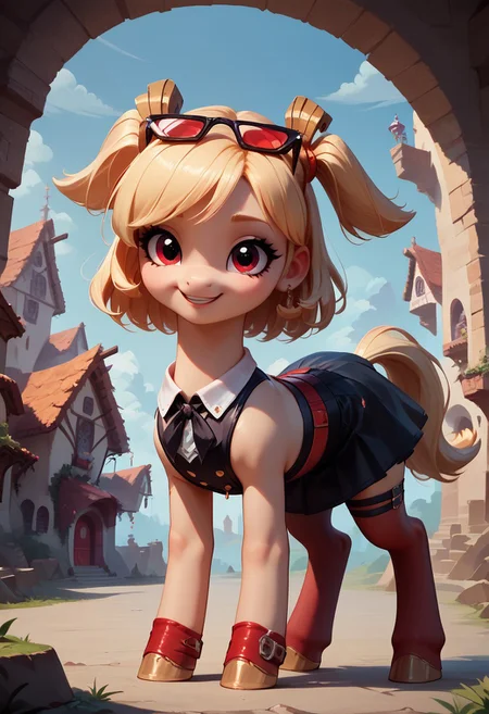 score_9, score_8_up, score_7_up, feral pony, standing, burnicezzz, blonde hair, short hair, two side up, hair ornament, eyewear on head, black skirt, black thighhighs, red thigh strap, highly detailed, intricate, enchanted grotto, village, outside, tail, ear tuft, looking at viewer, smile, my little pony, feral pony, all fours, hooves, cute, adorable