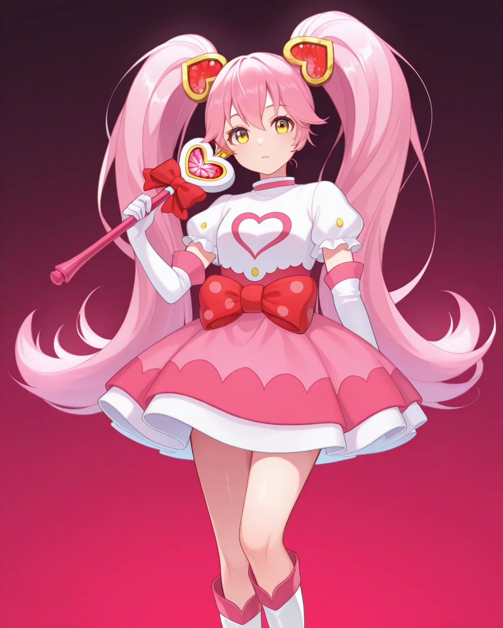 compass_chara, 1girl, solo, ririka, pink hair, twintails, very long hair, red heart hair ornament, yellow eyes, magicalririka costume, pink heart print white shirt, polka dot bow, red bow, pink dress, elbow gloves, knee boots, red heart wand, holding, looking at viewer, masterpiece, best quality, very aesthetic, absurdres