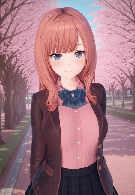 masterpiece,KoikatsuStyle, 3d.quality details, highly detailed,((vibrant,vivid colors,)).sakura_tiba,sakura_jacket,school uniform, pleated skirt, jacket, thighighs, bowtie, pink shirt,cherry blossoms,outdoors,,upper body,.looking at viewer,