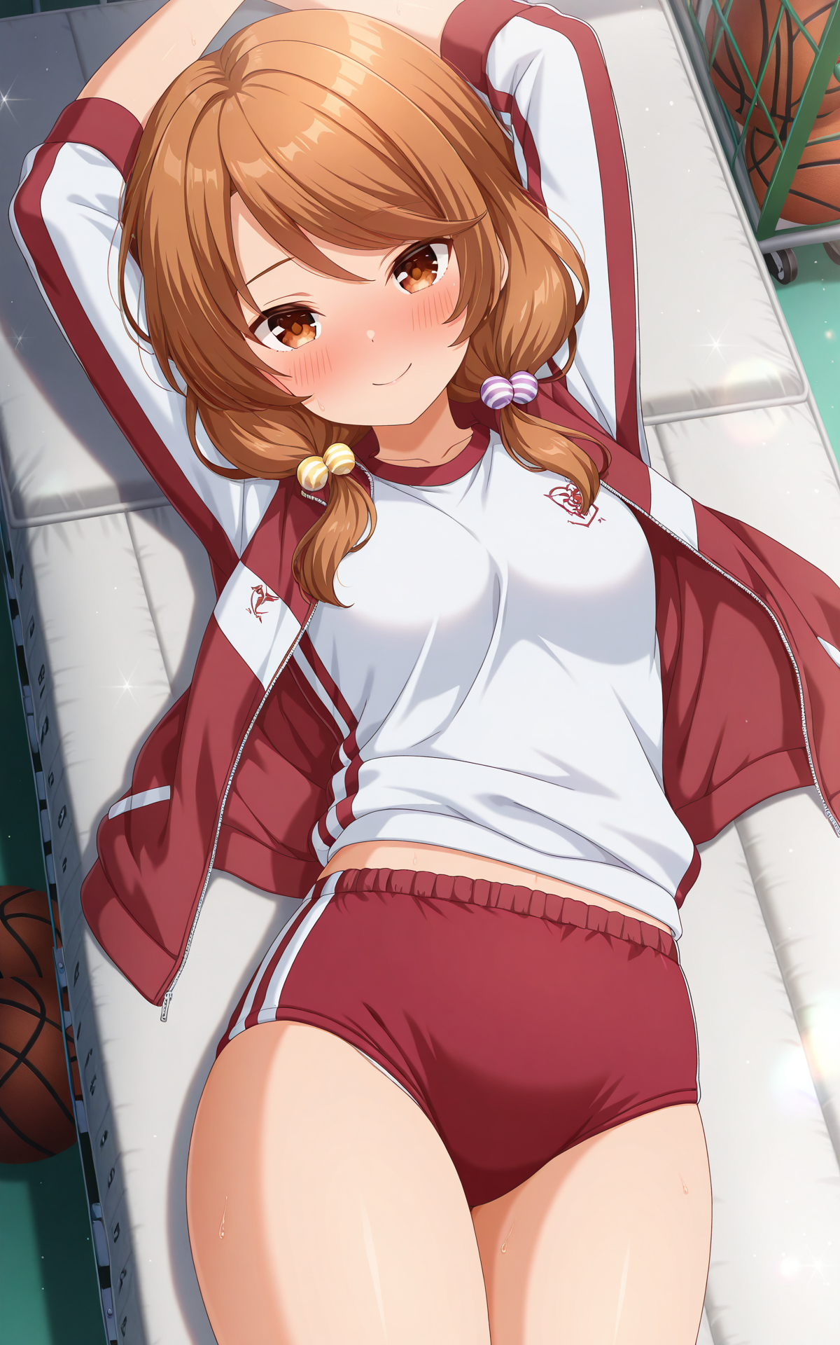 masterpiece, best quality, good quality, newest,4k, perfect lighting, cinematic, very aesthetic, official art, anime screencap, anime coloring,
1girl,solo,remi,brown hair,low twintails,hair ornament,brown eyes,gym uniform,red jacket,white jacket,open jacket,white shirt,midriff peek,red buruma,thighs,upper body,
facing at viewer,looking at viewer,embarrassed,blush,seductive smile,gym storeroom,on gym mat,lying,on back,arms up,from above,BREAK
<lora:ILremi:0.9>