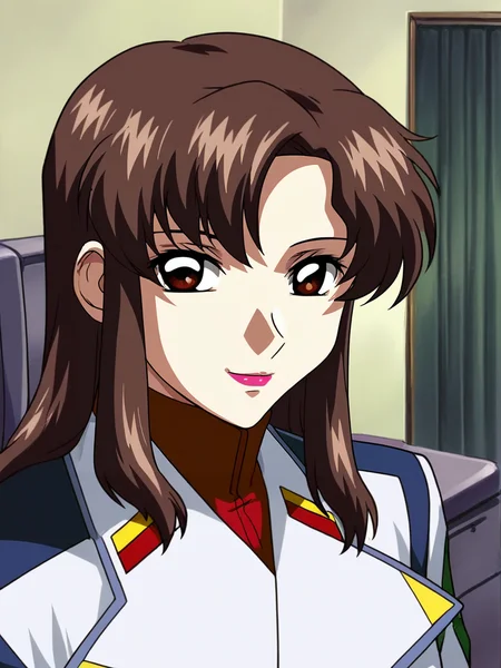 <lora:Murrue_Ramius-Gundam_SEED:1>,Murrue,1girl,brown hair,brown eyes,lipstick,long hair,military uniform,upper body,looking at viewer,indoors,smile