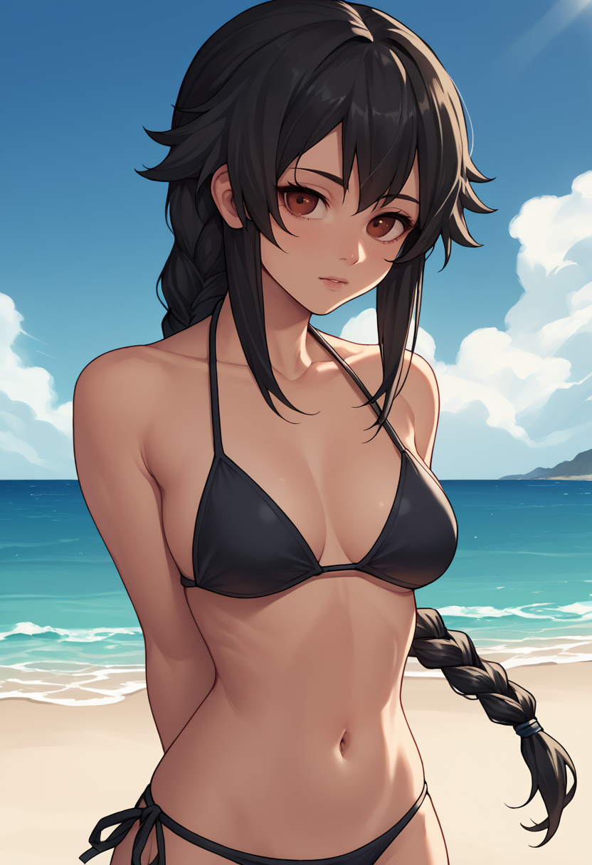 score_9,  score_7_up,  1girl, solo,  chmsrwz, black hair, braid, brown eyes,  bikini, beach,   <lora:Chiemi 4-000011:1>