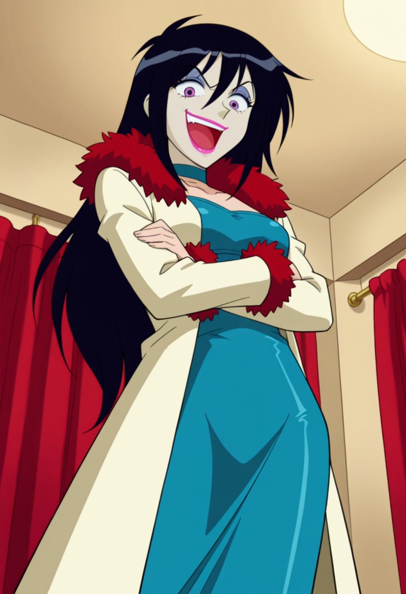 masterpiece, best quality, amazing quality, 1girl, solo, BREAK
vanityts, long hair, black hair, purple eyes, makeup,coat, red feather, blue dress,choker,lipstick, 
BREAK ,from below, indoors,stage,looking at viewer,cowboy shot, laughing,crossed arms,