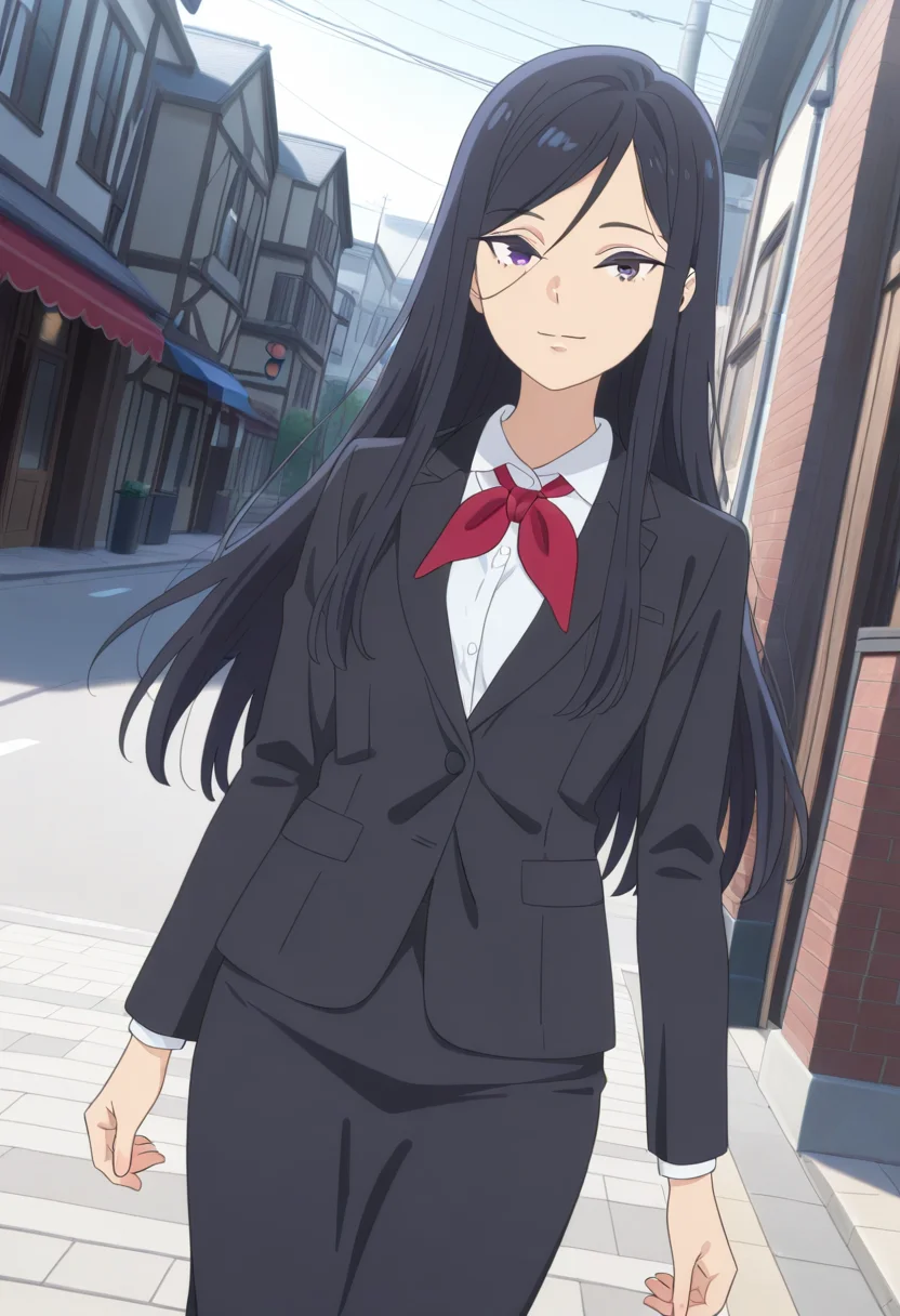 masterpiece,best quality,absurdres,perfect lighting,outdoors,street,day,
*//*,<lora:HealerGirl_RiaKarasuma-Illustrious:1>,ria_karasuma,1girl,solo,black hair,long hair,purple eyes,formal,black suit,jacket,long sleeves,pencil skirt,long skirt,red bow,
*//*,looking at viewer,cowboy shot,dutch angle,dynamic pose,light smile,