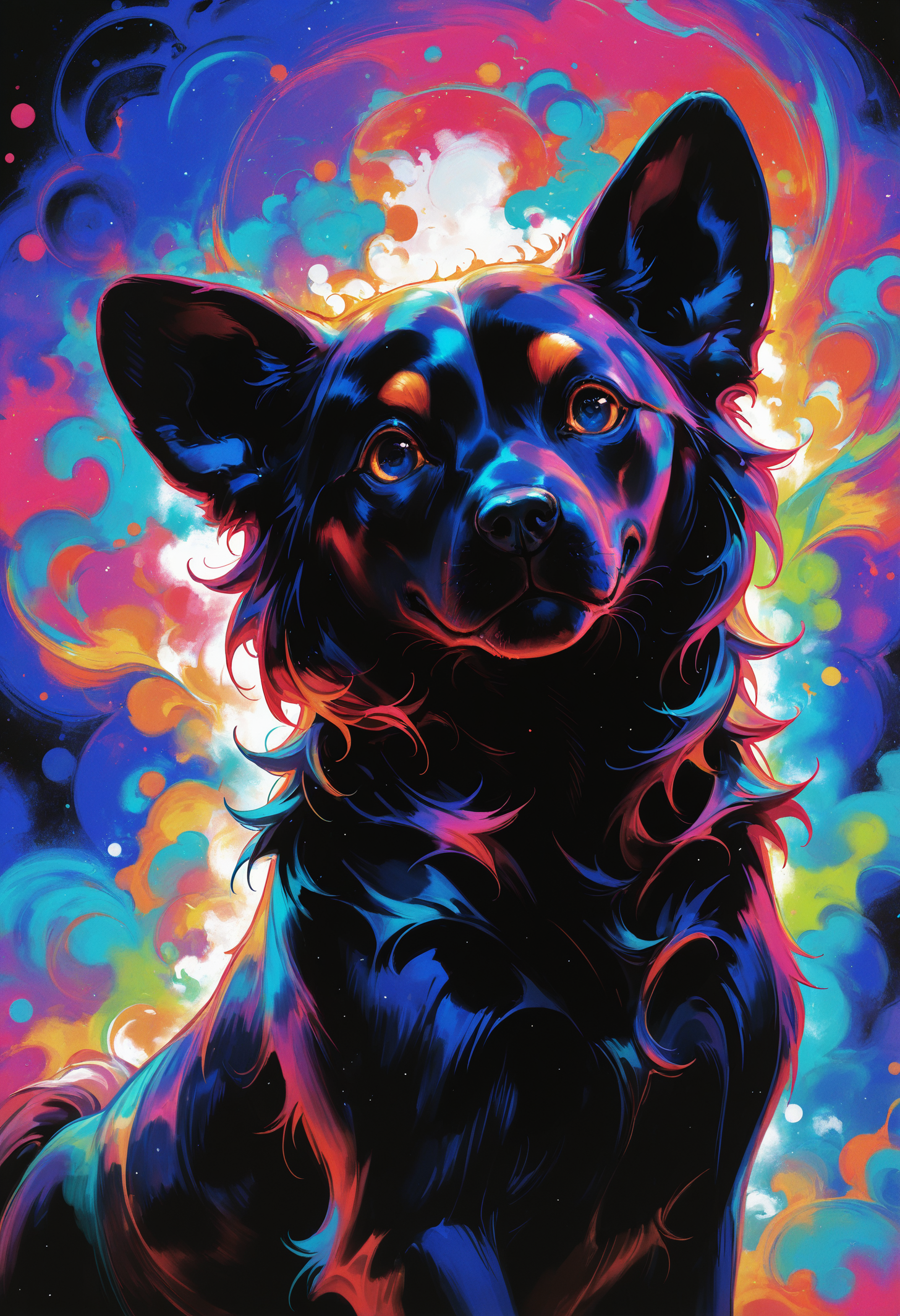 masterpiece, best quality, good quality, very awa, very aesthetic, absurdres, newest, solo, upper_body, no_humans, animal, dog, animal_focus, multicolored_background, colorful, abstract, opill