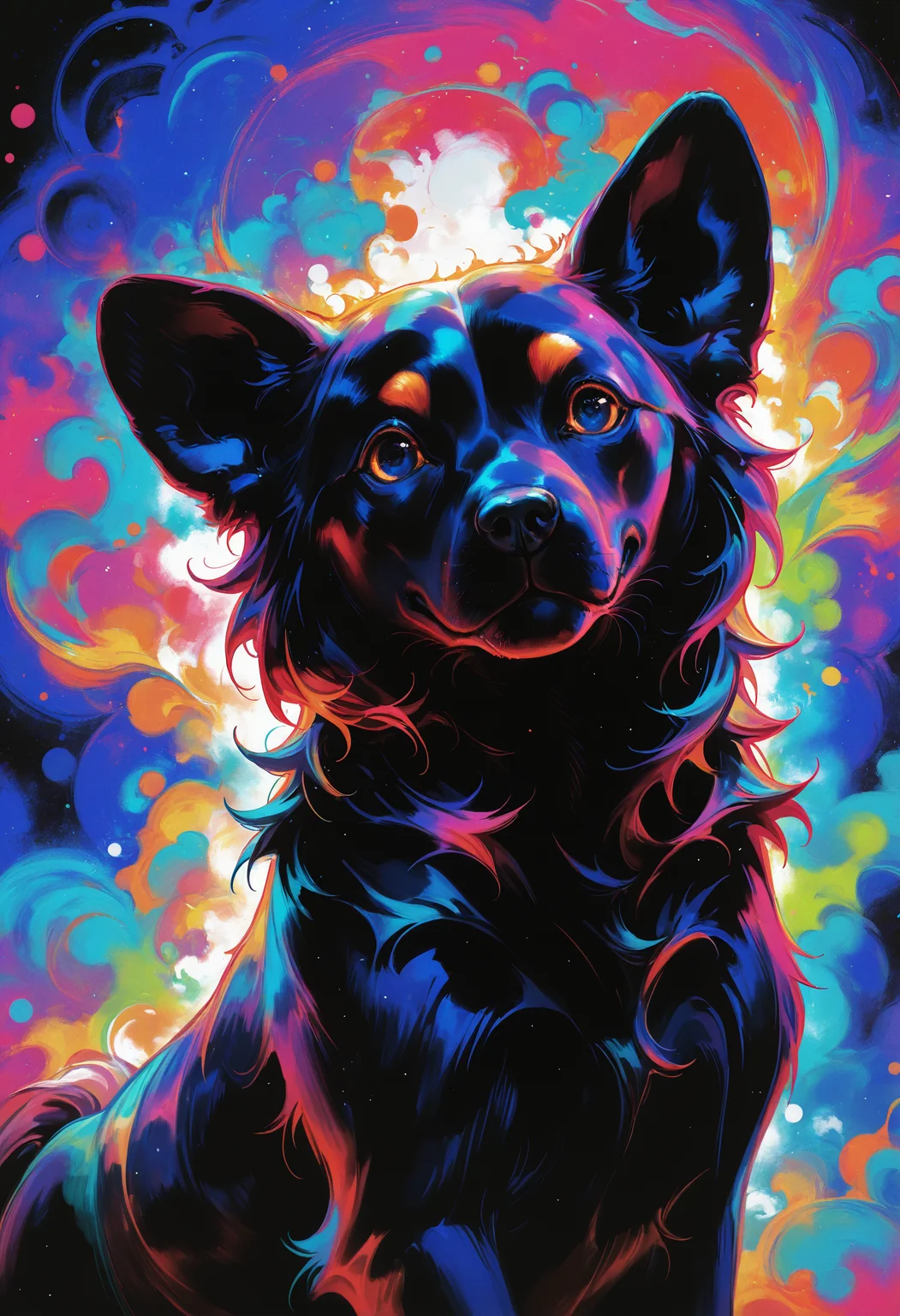 masterpiece, best quality, good quality, very awa, very aesthetic, absurdres, newest, solo, upper_body, no_humans, animal, dog, animal_focus, multicolored_background, colorful, abstract, opill