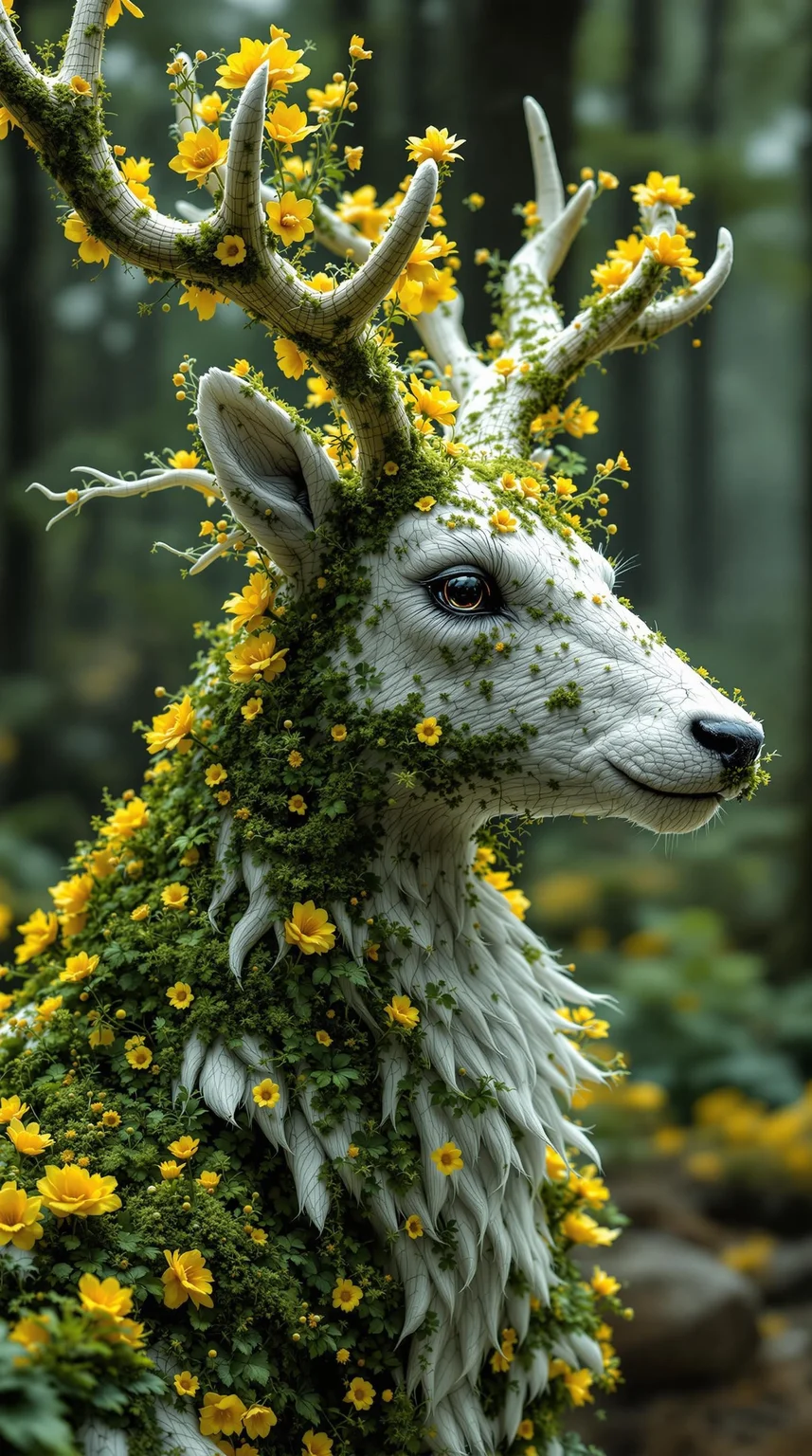 A hyper-realistic Close up shot of a figure completely made of moss and yellow flowers in white deer form, full body zoomed in, ultra sharp focus photo, 3d render, architecture, dark fantasy, vibrant (photography, high-resolution, dynamic, energetic,hyper-realistic, dramatic lighting, shallow depth of field.) Forest background.