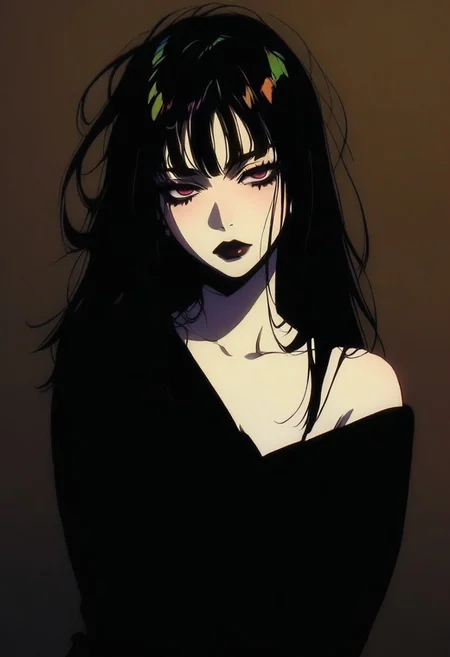 colorful, rainbow palette, sketch, masterpiece, amazing quality, very aesthetic, detailed eyes, detailed face, detailed skin, simple background, BREAK 1 girl, long black hair, straight hair, messy hair, wearing dark makeup, deep black lipstick. shadowed eyes, reflecting sadness and intensity. The lighting is moody and dramatic, dim tones casting soft shadows, pale skin. dark oversized sweater, slightly slipping off one shoulder