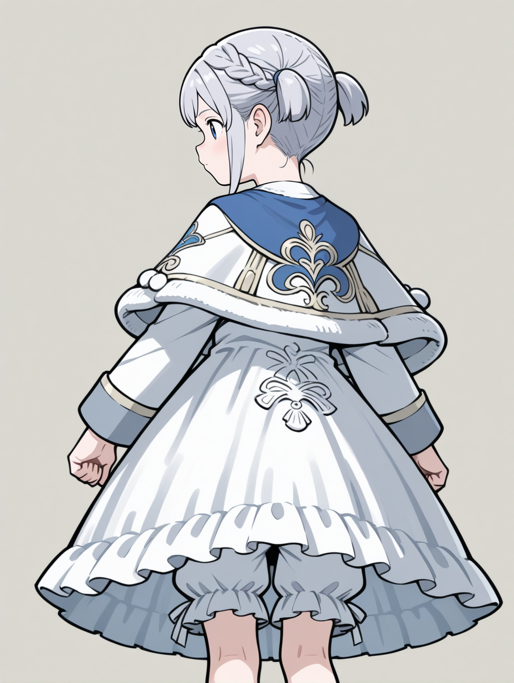 perfect quality,best quality,(absolutely eye-catching),ambient occlusion,raytracing BREAK
1girl,<lora:retelisia younennki IL v1.1:1>,younennki,short twintails,grey hair,fur trim,white dress,braid,frills,long bloomers,long dress,capelet,blue eyes,upper_body,, from behind, looking away