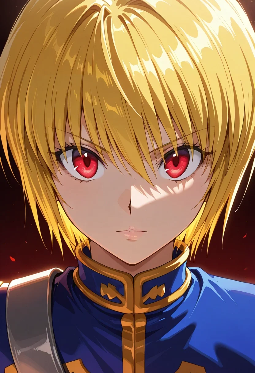 masterpiece, best quality, intricate details, , , , 1boy, solo, male focus, <lora:kurapika_hxh_ilxl:0.92>, kurapika_hxh, blonde hair, red eyes, short hair, bangs, hair between eyes, , ,