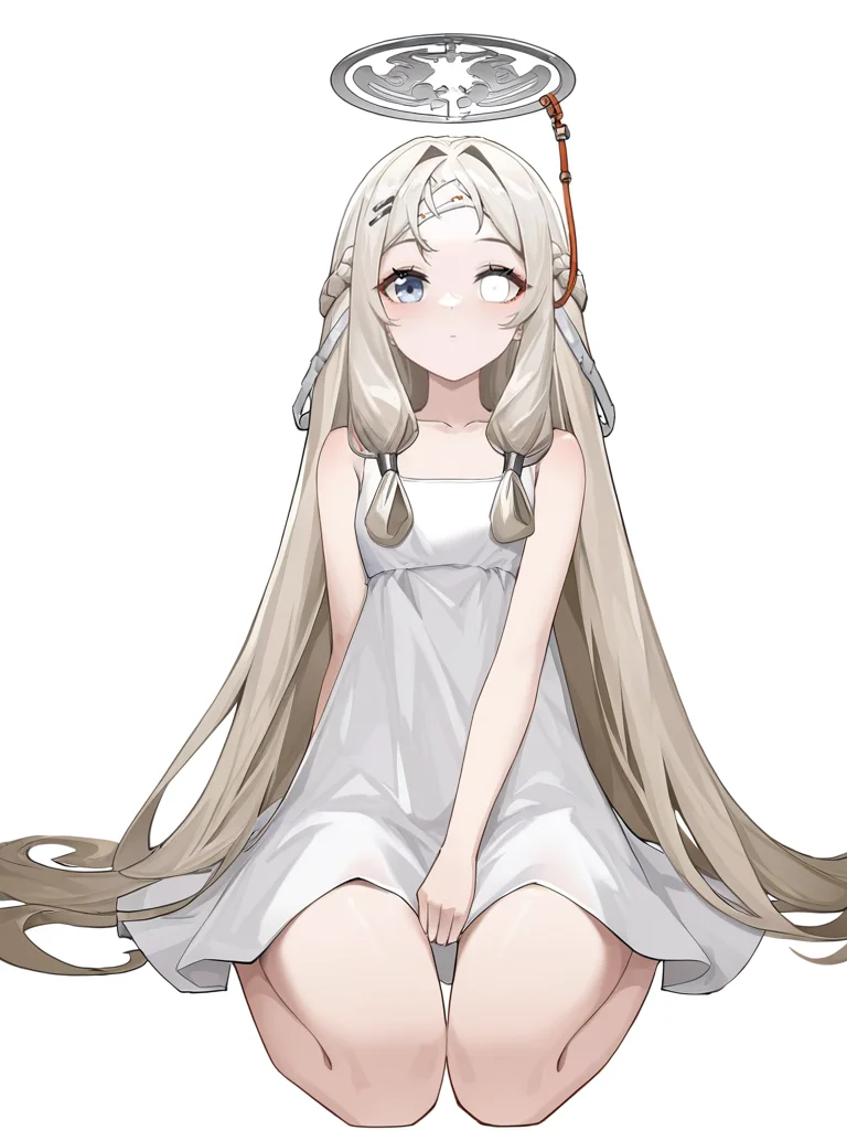 ,1girl,hengsha,heterochromia,looking at viewer,solo,(simple background:1.3),(white background:1.2),cowboy_shot,looking_at_viewer,standing,sleeveless dress,wariza, <lora:hengsha-000012:0.7>, masterpiece, best quality, very aesthetic, absurdres