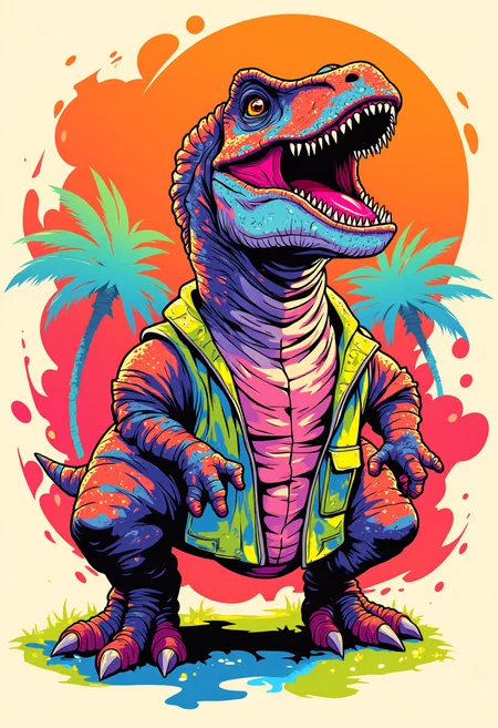 Inkpunk Anime, Cartoony, bold lines, t-rex dinasaur in a t-shirt