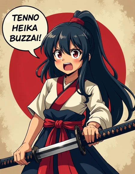 Samurai Girl holding katana ,with a speech bubble on it that says " Tenno Heika Buzzai !", serious looking,screaming, old japanese flag on background