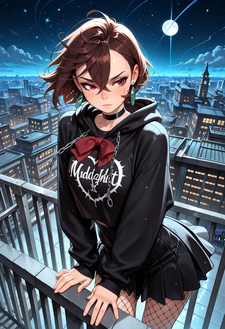 lazympos, ayasemomo, very aesthetic, detailed face, (dynamic:1.2), stylized, illustration, dynamic pose, nsfw, girl, small nose, incoth, (incase:0.6), in the style of cksc (ayasemomo, hair between eyes, crossed bangs, green earrings,  brown hair, red eyes, black choker, short hair:1.1), (black shirt, red bowtie, pleated skirt, goth uniform, fishnets, chains, midnight hoodie, long sleeves:1.1), (rooftop, stars, wind, railing, city view, night sky, moonlight:1.1)