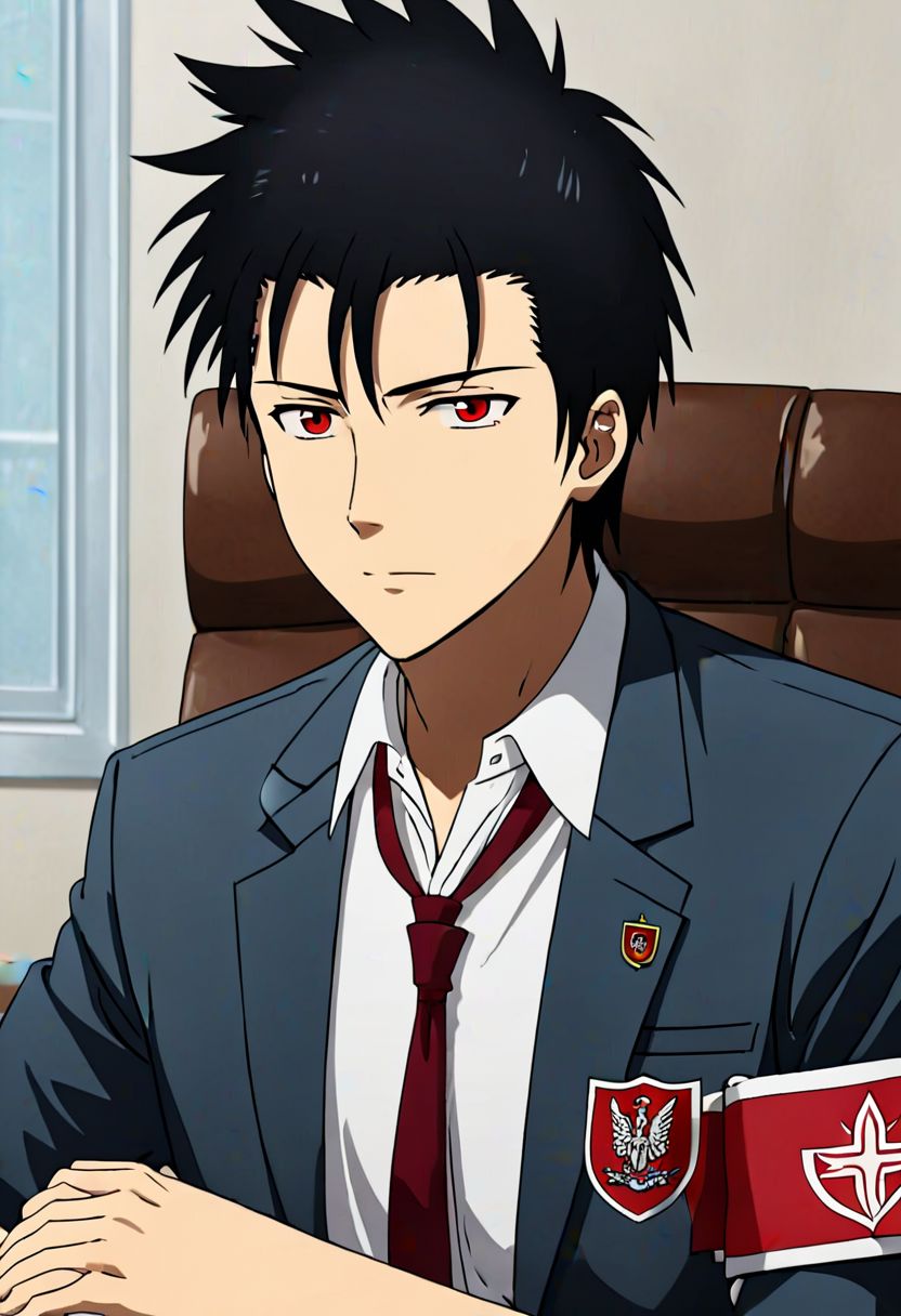 Highres, Masterpiece, High Quality, 4K, 8K, solo, 1Boy, Soujirou Agata, borown eyes, black hair, student council president, school uniform, portrait, meeting table, red armband, easynegative, detailed_eye_model