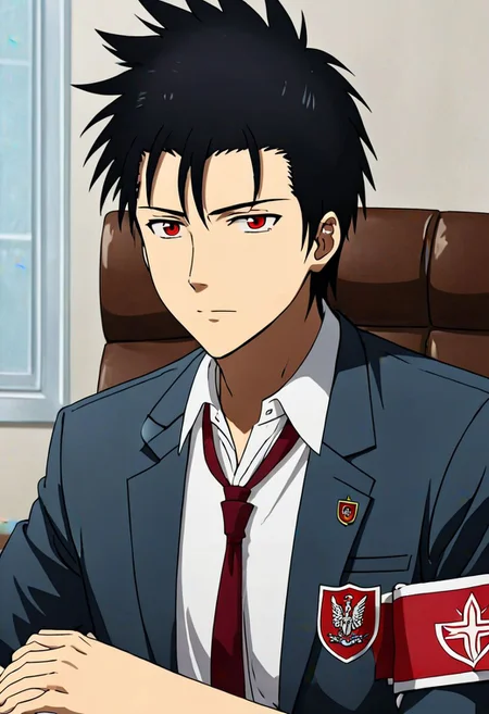 Highres, Masterpiece, High Quality, 4K, 8K, solo, 1Boy, Soujirou Agata, borown eyes, black hair, student council president, school uniform, portrait, meeting table, red armband, easynegative, detailed_eye_model