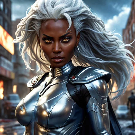 UltUltra detailed digital art masterpiece, Hyperdetailed, hyperrealism, extremely high resolution of Beautiful black Superheroine Ororo Munroe as Storm, Greg Rutkowski style, stands in a bloody, sinister battle in the streets of a ruined city, Realistic brown eyes, wavy grey hair, Intricately designed cool X-Men Superheroine combat costume with X logo, Marvel, X-Men, 8K, deep color, Cinematic Lighting, intricate smooth, sharp focus digital painting, Artgerm, WLOP, Greg Rutkowski, Beautiful 21 years old Ororo Munroe as Storm, Intricately Designed handsome black face, Marvel comics, Realistic combat dirty clothing, perfect whole athletic body, defiant and seductive, Photograph Taken on Nikon D750, Intricate Elegant, Digital Illustration, Scenic, Unreal Engine, CryEngine, Octane Render, 8k, Designed combat clothes, Attractive, Attractive black woman, dramatic lighting, wet and sweaty skin, beautiful firm Breasts, Daylight, Concept art by Greg Rutkowski, adding to the intense and dynamic atmosphere of the scene