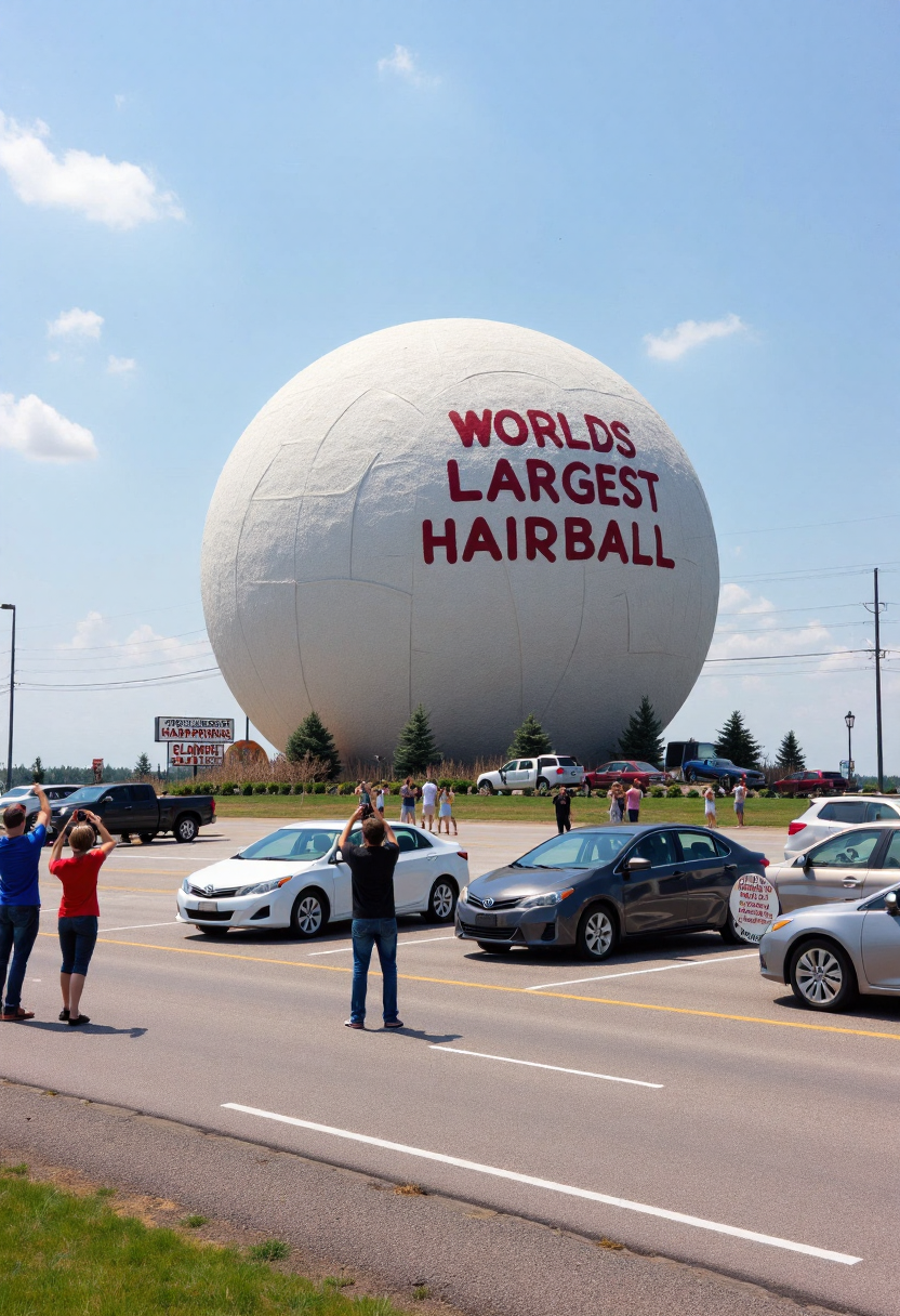 <lora:Roadside_Attraction_Assembler_FLUX_r1-000007:0.9>   
Photo depicting a surreal scene at a "world's largest hairball" roadside attraction, along with people taking photos of it and cars parked near it.