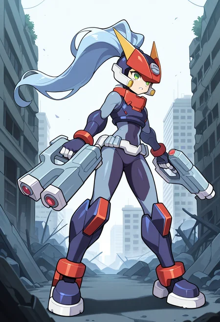 1girl, solo, modelamegarockonmerge, blue hair, long hair, high ponytail, green eyes, helmet, hair through headwear, armor, spandex, metal belt, gauntlets, armored boots, outdoors, ruined city, ruins, streetn, holding handgun, handgun, dual wielding, serious, teeth, parted lips, full body, legs apart,