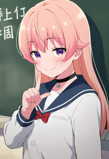 masterpiece,best quality,amazing quality, wakatsuki nico, long hair, light pink hair, purple eyes, 1girl, solo, school uniform, smile, choker, chalkboard, blush, black choker, sailor collar, red bow, closed mouth, serafuku, index finger raised