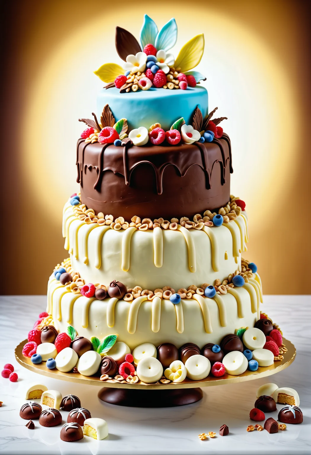 A masterpiece of a giant cake, assemblage art of a hyper detailed, rotund Edo Period ([Dr. McCoy|doll]:1.3) , confused, Vivid, side lit, emotional, intricate details, exquisite, Jed-ChocoC, chocolate, cereals, <lora:last:0.7>, Jed-whtccae, <lora:WhiteChocoStyle-000005:0.6>, Jed-mrshmlw, <lora:MarshmallowStyle-000007:0.5>, Icing, stunningly beautiful background, masterpiece, positive emotions, dramatic, highly complex, dynamic dramatic composition, lush, perfect symmetry