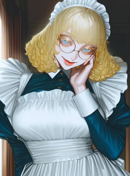 masterpiece, best quality, very aesthetic,gloss,uncensored,au \(d elete\), sunlight,
BREAK
1girl, medium breasts, round eyewear, blonde hair, medium hair, maid, maid headdress, maid apron, seductive smile, hand on own cheek, head tilt, looking at viewer, indoors, bedroom, blue eyes, colored eyelashes,
 <lora:Au_(D_Elete)-ill-Fandingo:1>
