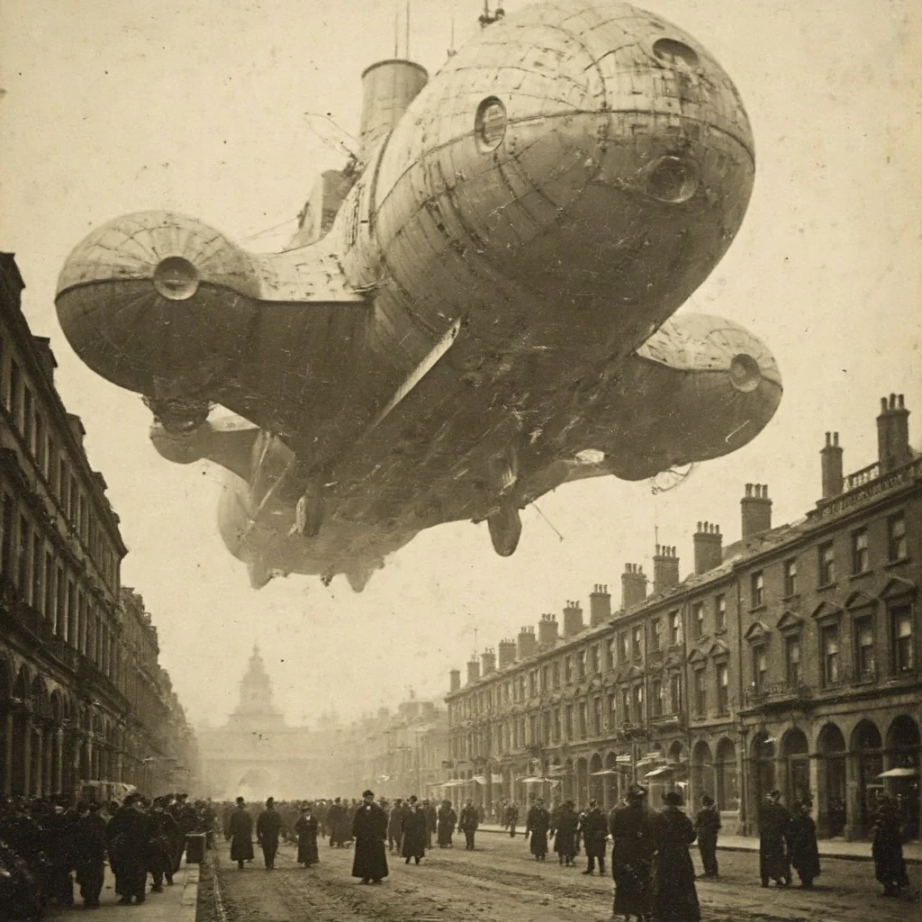 01dPh0t0 dark, shadow, distorted, grainy, film grain, Victorian, An aged worn sepia monochrome 1800s photograph of an (enormous and intricately detailed high-tech science fiction alien spacecraft):2 hovering over 1890s London, low angle looking up, ominous, looming, massive sense of scale, nervous people on the streets looking upward