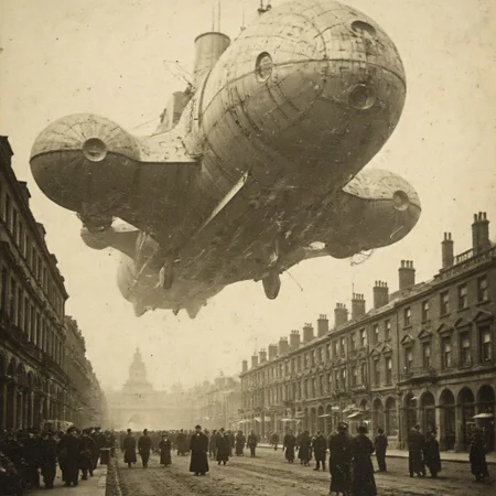 01dPh0t0 dark, shadow, distorted, grainy, film grain, Victorian, An aged worn sepia monochrome 1800s photograph of an (enormous and intricately detailed high-tech science fiction alien spacecraft):2 hovering over 1890s London, low angle looking up, ominous, looming, massive sense of scale, nervous people on the streets looking upward