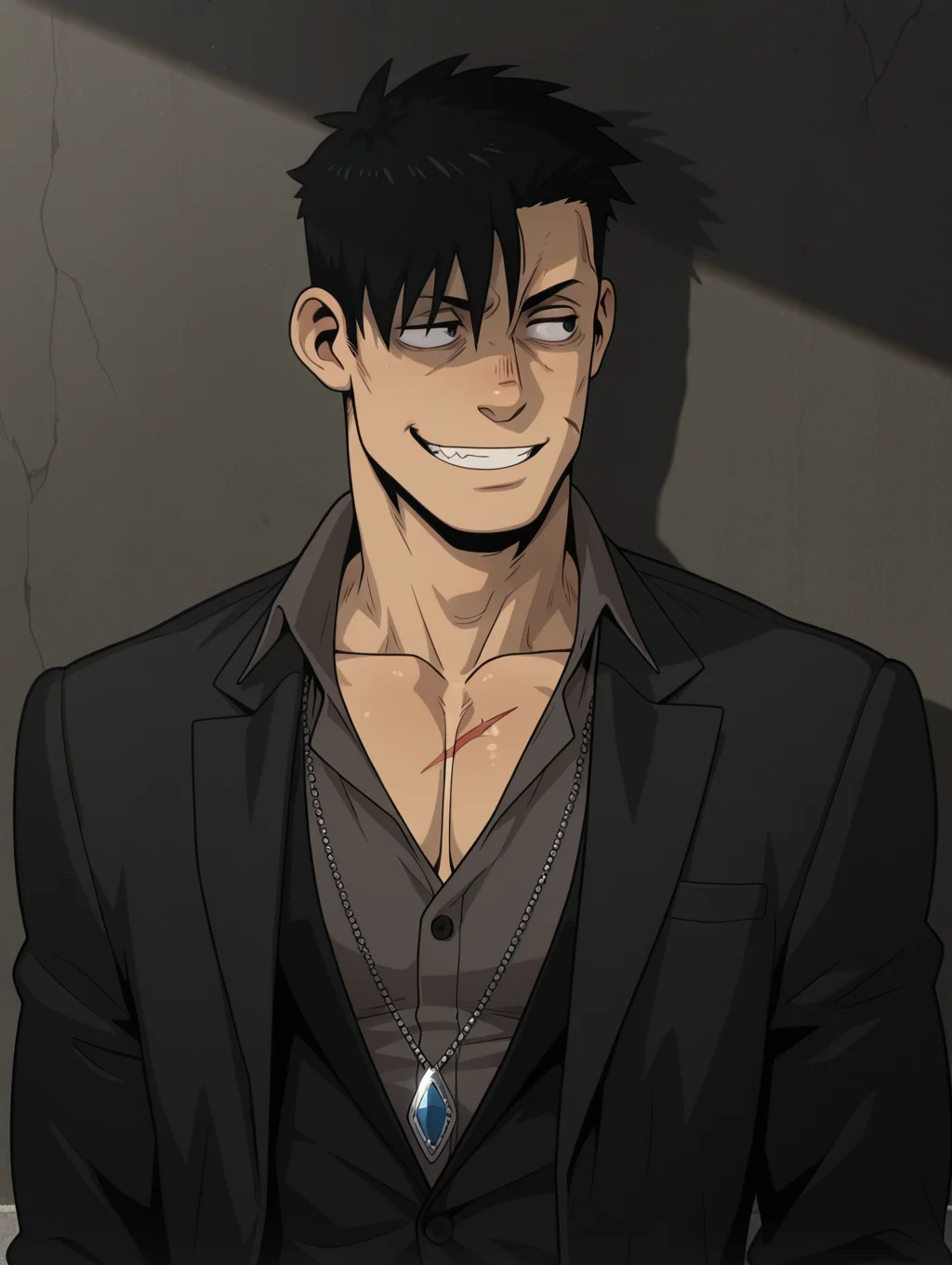 masterpiece, best quality, amazing quality, Nicolas Brown, jewelry, collarbone, male focus, formal, looking to the side, suit, black hair, scar, grin, solo.bara, male focus, 1 boy