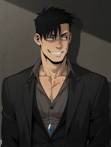 masterpiece, best quality, amazing quality, Nicolas Brown, jewelry, collarbone, male focus, formal, looking to the side, suit, black hair, scar, grin, solo.bara, male focus, 1 boy