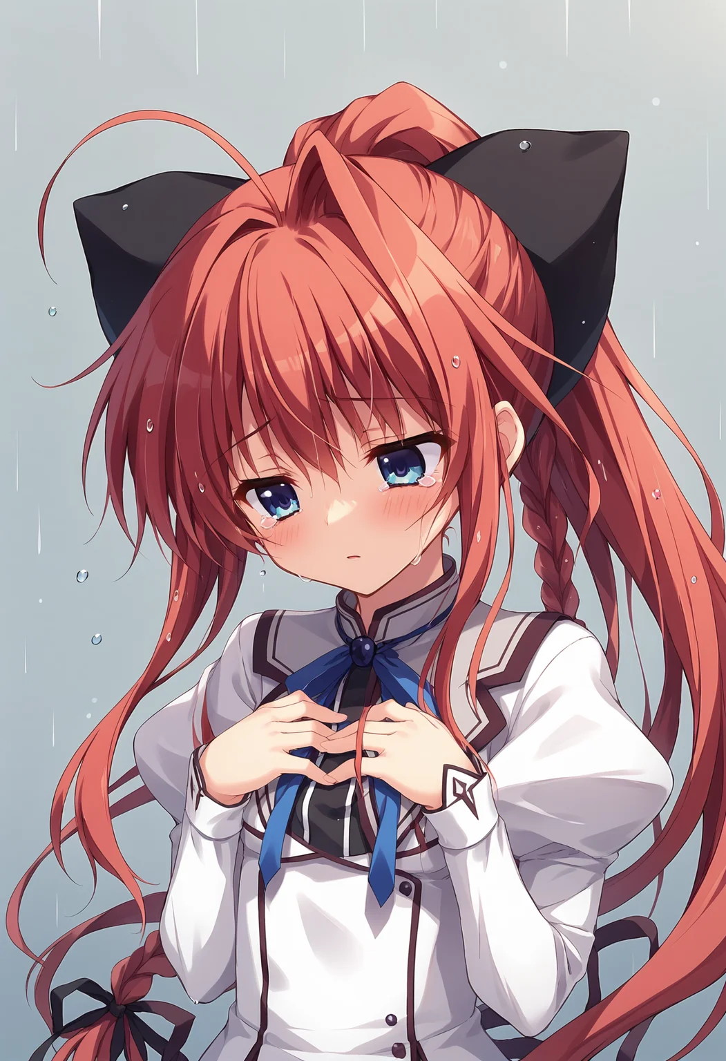 score_9, score_8_up, score_7_up BREAK
source_anime, rating_safe, grey sky, rain, rain drop, wet, wet hair, hands on own chest, blush, sad, half-closed eyes, narrowed eyes, crying, teardrop, parted lips, solo, 1girl, mssana, red hair, long hair, ponytail, single hair intake, ahoge, braid, hair bow, blue eyes, small breasts, school uniform, puffy sleeves, juliet sleeves, long sleeves <lora:mashirosana_epoch_8:0.7>