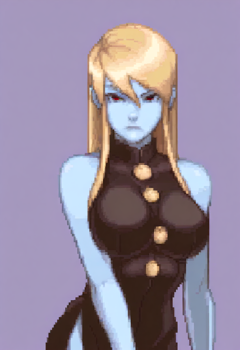 masterpiece, best quality, solo, looking at viewer, 1girl, <lora:Ace-Attorney-Portraits-illus_Fp:1>, portrait, upper body, pixel art, simple background, <lora:Jedah-illus_Fp:1>, jedahmb, blue skin, red eyes, blonde hair, long hair, black dress, sleeveless, collared dress, large breasts, side slit,
