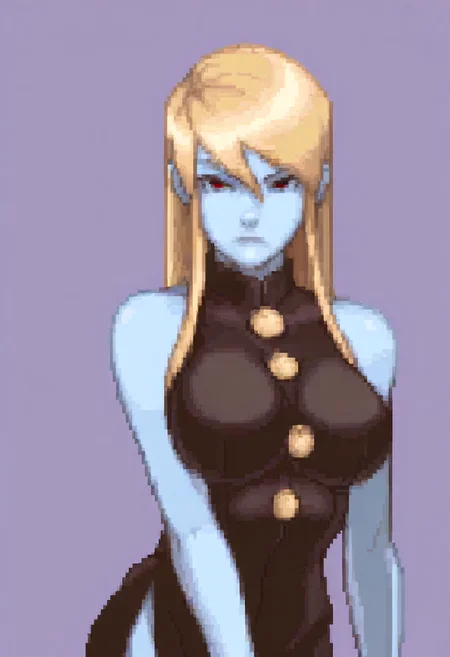 masterpiece, best quality, solo, looking at viewer, 1girl, <lora:Ace-Attorney-Portraits-illus_Fp:1>, portrait, upper body, pixel art, simple background, <lora:Jedah-illus_Fp:1>, jedahmb, blue skin, red eyes, blonde hair, long hair, black dress, sleeveless, collared dress, large breasts, side slit,