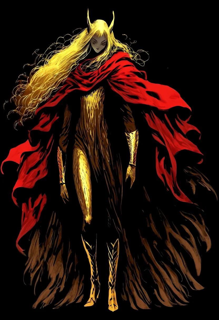 wizardry, illustration, beautiful Female Dryard, long golden hair, silver kneeguards, magic boots, long ears, slender long legs, black background, mysterious, mythical, red robe yellow cloth, cape, creature, werelion, golden fur,
