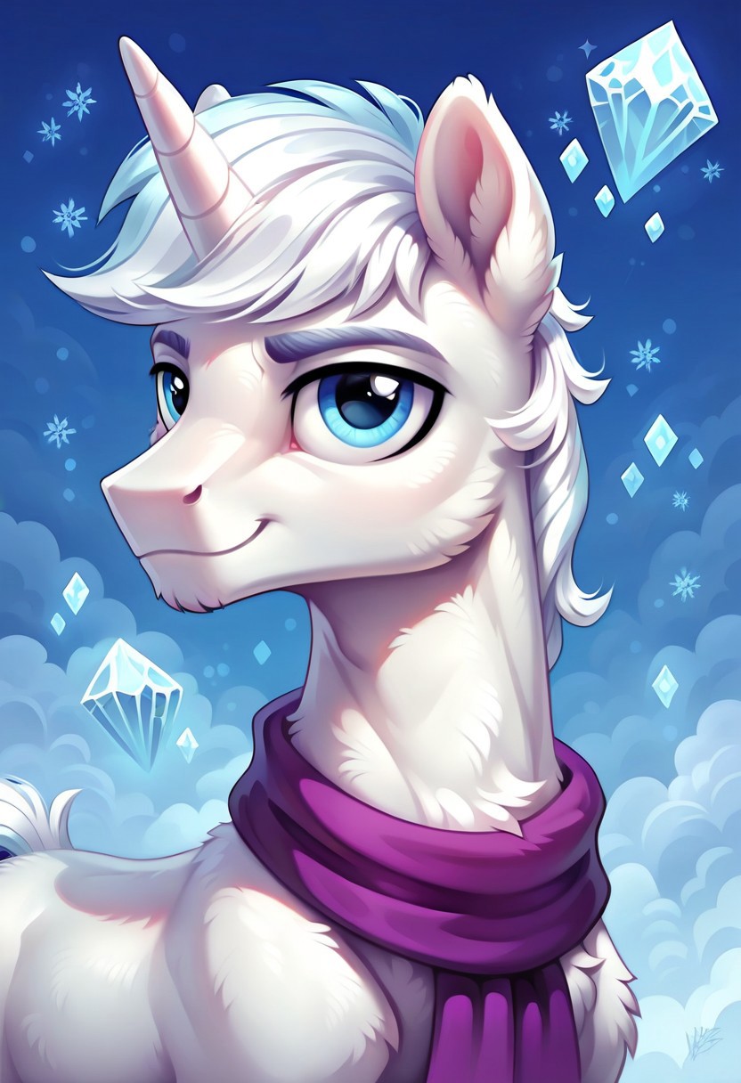 score_9, score_8_up, score_7_up, score_6_up, score_5_up, score_4_up, my little pony, ((feral pony)), ((double diamond)), 1MAN, ((solo)), (sexy), beautiful, detailed, (detailed handsome pony face), detailed blue eyes, ((detailed pure white fur:1.9)), muscular stallion:1.5, beautiful, vector, (beautiful feral unicorn pony), (beautiful white hair), (light blue crystal background:1.5), (looking at you), (calm expression), snowflakes, snowing, purple scarf