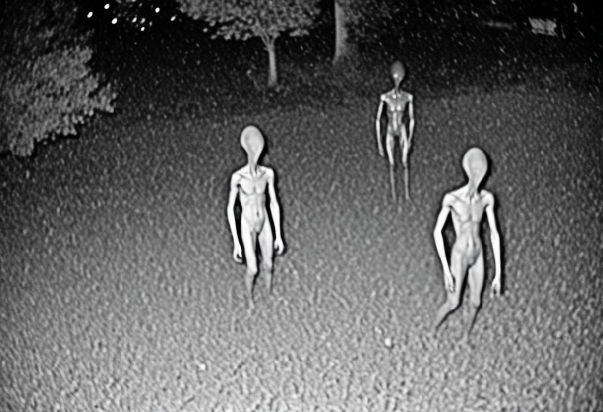 aliencctvlora, black and white nighttime cctv footage of two thin gray aliens skulking around the backyard of a suburban home, thin bodies, bulbous heads, tall, long thin arms, thin fingers, long thin necks, big black eyes, realistic, grainy cctv, dark footage, olddigitalcamera, raw, light leak, film grain, jpeg artifacts, low res, low quality