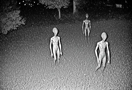 aliencctvlora, black and white nighttime cctv footage of two thin gray aliens skulking around the backyard of a suburban home, thin bodies, bulbous heads, tall, long thin arms, thin fingers, long thin necks, big black eyes, realistic, grainy cctv, dark footage, olddigitalcamera, raw, light leak, film grain, jpeg artifacts, low res, low quality