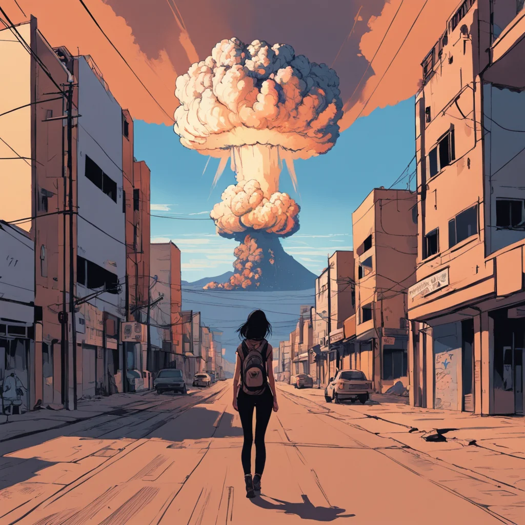 1girl, epic landscape, nuclear explosion, masterpiece, realistic, lineart, flat colors, <lora:lineartSDXL:1>
