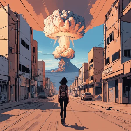 1girl, epic landscape, nuclear explosion, masterpiece, realistic, lineart, flat colors,  <lora:lineartSDXL:1>