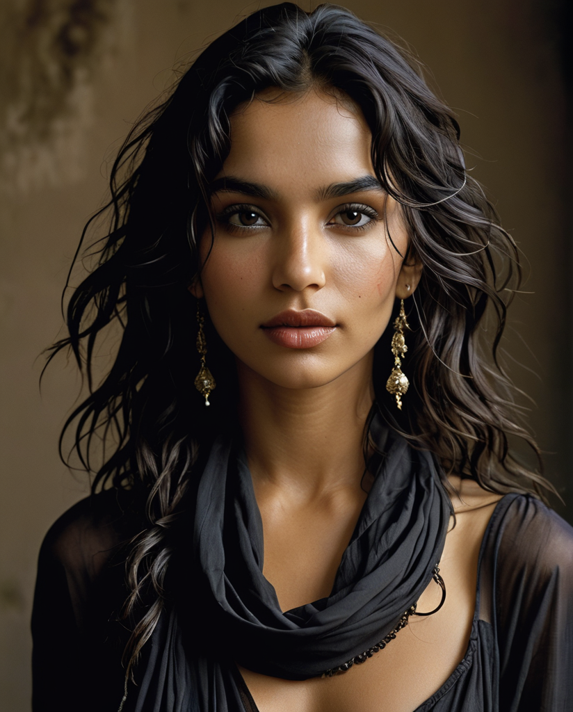 Half-length portrait of a gypsy girl (Anna Dittmann features), front view, wavy black hair, loose and messy hair, strands on the face, wind, closed eyes, dark skin, straight nose, full lips, (open mouth: 0 ,5), (smile:1), long face, black scarf around the neck, earrings, fashion style, (Steve McCurry, Herb Ritts, Mario Sorrenti), jasmine, musk, sensuality, earth tones, dark Venetian stucco wall background , studio pose, side light, high contrast, photo quality, 4K