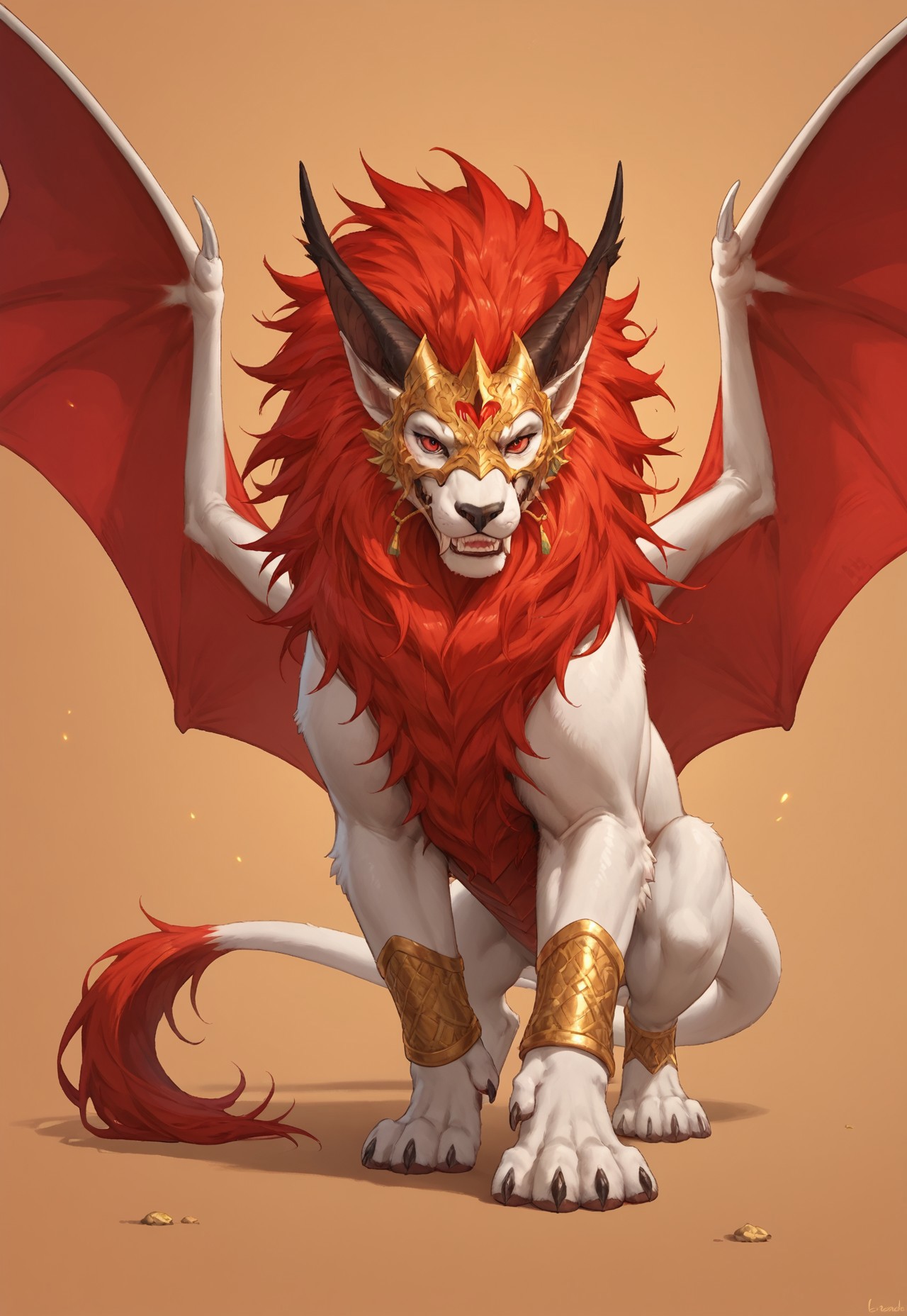 solo, score_9,score_8_up,score_7_up, solo, ((feral)), full body,  ((female)), seductive, badass, rosard, furry dragon, white body, white lion head, teeth,  wings, golden mask on face, red eyes, black nose, black bridge of nose, ((bat black ears)), (((long ears))), ((red mane)), red webbed wings, long white dragon tail with red tassel, gold bracelets on paws, three quater view, detailed background
