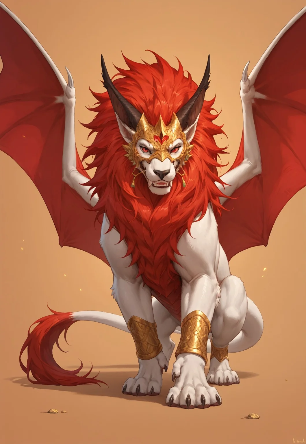 solo, score_9,score_8_up,score_7_up, solo, ((feral)), full body,  ((female)), seductive, badass, rosard, furry dragon, white body, white lion head, teeth,  wings, golden mask on face, red eyes, black nose, black bridge of nose, ((bat black ears)), (((long ears))), ((red mane)), red webbed wings, long white dragon tail with red tassel, gold bracelets on paws, three quater view, detailed background
