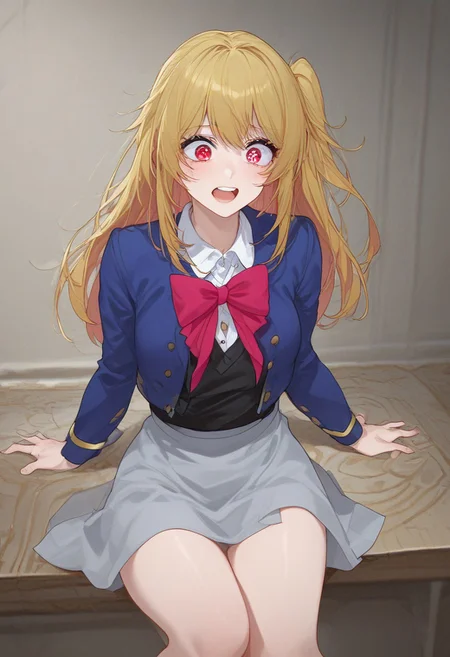Score_9, score_8_up, score_7_up, masterpiece, highres, best quality, high quality, highly detailed, upscale, clear image, sharp image, sharp focus, sharp lines, high definition, source_cartoon, source_anime, 1girl, solo, perfect anatomy, clear face, highres face, highres eyes, medium breasts, <lora:brj-ruby-pony-v0.5:0.85>, hoshino ruby, blonde hair, long hair, one side up, red eyes, mismatched pupils, star-shaped pupils, school uniform, red bow, grey skirt, legs, hips, shocked