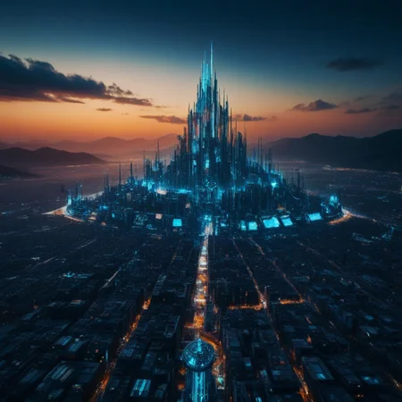 a colossal cybernetic leviathan covered in living tattoos that shift and morph like programming languages, slithering through the sky between highrises, its skin glowing with bioelectric pulse patterns, thunderclouds respond to its motion, shadowed glass buildings reflect its form, deep blue storm lighting, CyberpunkWorld