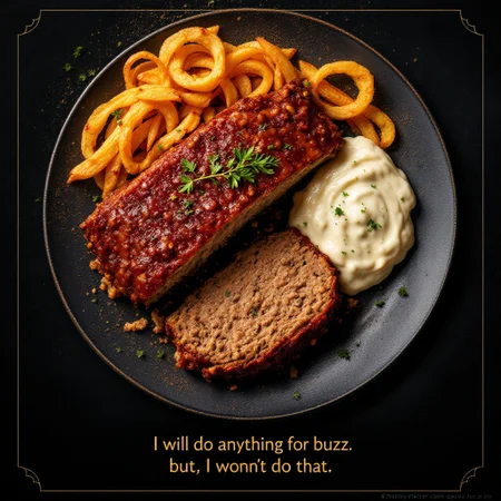 A delicious plate of meatloaf. Text:I will do anything for buzz. but, I wont do that.