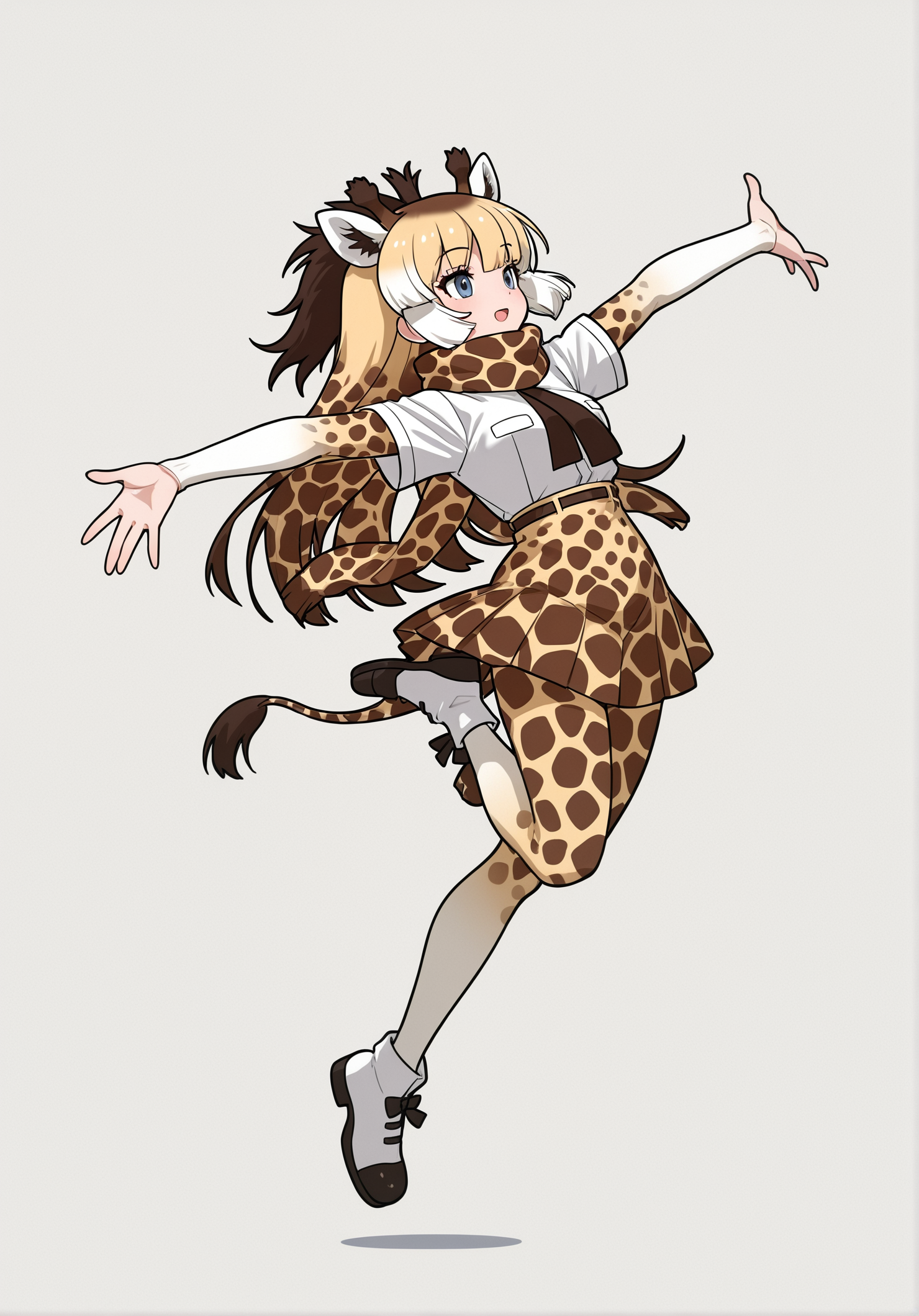 masterpiece, high quality, 1girl, reticulated giraffe \(kemono friends\), kemono friends, 1girl, giraffe ears, giraffe horns, tail, giraffe tail, blue eyes, blonde hair, long hair, brown hair, white hair, multicolored hair, print scarf,, BREAK Jumping with arms forming a 'Y' shape, open hand, BREAK white_background, anime, black_outline