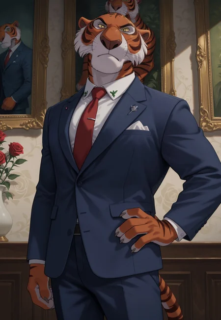 score_9, score_8_up, score_7_up, furry male, anthro, solo, (shere khan:1.2), tiger, chin, large chin, yellow sclera, colored sclera, brown eyes, half-closed eyes, closed mouth, frown, chin tuft, cheek tuft, finger claws, perfect hands, 5 fingers, striped tail, muscular, tall, navy blue suit, light blue dress shirt, red necktie, tie pin, rose-shaped lapel pin, button \(fastener\), 
hand on hip, standing, plantigrade, bust, painterly, detailed face, ornate, looking at viewer
inside, painted background, shadow, perfect lighting, 
masterpiece, detailed shading, hyperrealistic, realistic, intricate details, absurdres, 4k, 
 IllustriousQual, Stable_Yogis_Illustrious_Positives