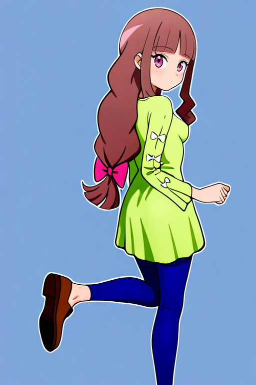 masterpiece, High quality, Ultra detailed, 2d, newest, absurdres, highres, BREAK
1girl, solo, <lora:tsukiyono_ruli:0.8>, ruli_tsukiyono,  long hair, low-tied long hair, blunt bangs, brown hair, purple eyes, 
medium breasts, ruliSk, long sleeves, green dress, blue Leggings, shoes, brown footwear,