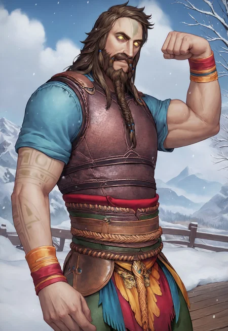 score_9, score_8_up, TyrGoW, long hair, brown hair, hair beads, yellow eyes, yellow sclera, glowing eyes, beard, beard braid, mustache, tall, muscular, mature male, forehead tattoo, ((arm tattoo)), brown leather cuirass, blue shirt, wristband, belt, waistcloth, green pants, looking at viewer, smile, dynamic pose, detailed background, dutch angle, upper body, cowboy shot, trees, blue sky, clouds, snow, mountain range, flexing, snowing,